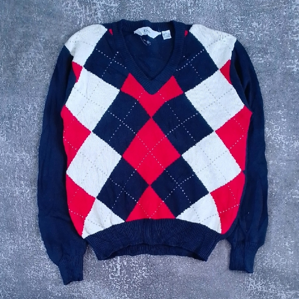 Vintage 90s Argyle V-Neck Sweater - Red, White, and Blue DACHI